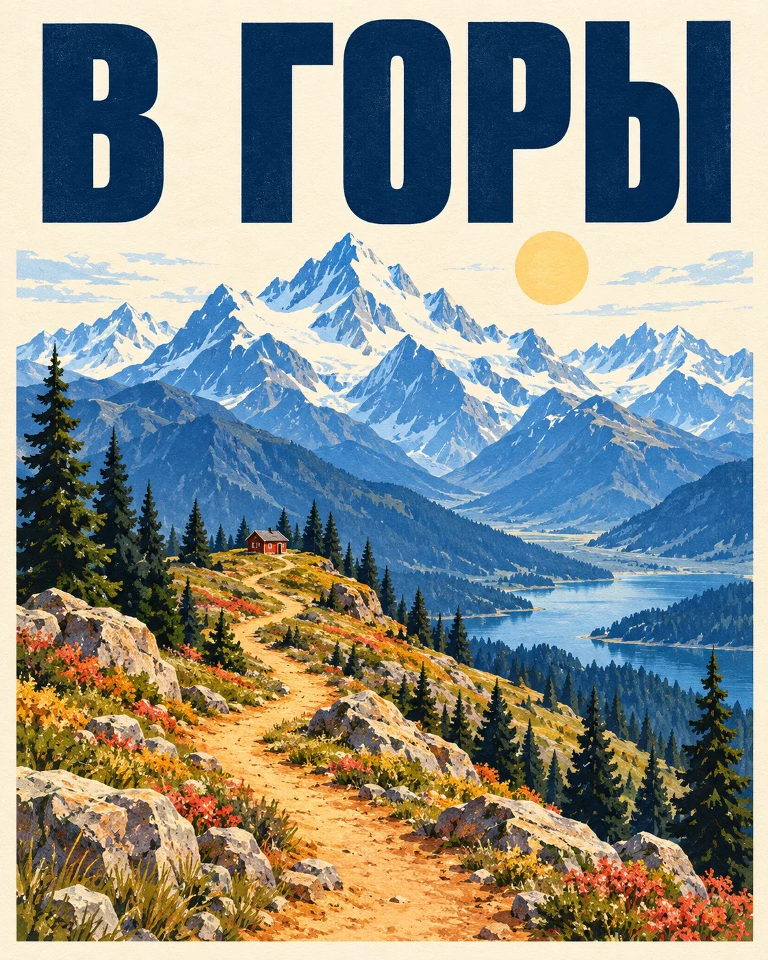 Туристический постер В ГОРЫ: тропа к красному домику, синие горы и жёлтое солнце